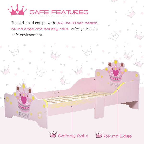 Kids Toddler Bed Princess Crown Theme Safety Side Rails Slats Home Bedroom Furniture Boys Girls 3-6 Yrs Pink 143 x 73 x 60 cm Hot on Sale